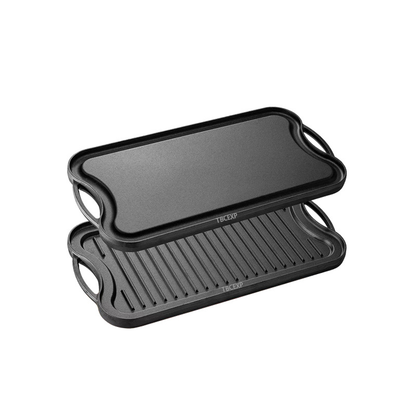 20" x 10 1/2" Pre-Seasoned Reversible Cast Iron Griddle and Grill Pan with Handles TBCEXP