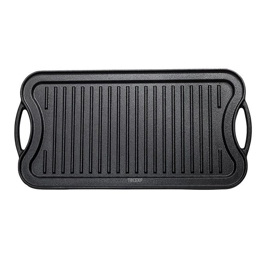 20" x 10 1/2" Pre-Seasoned Reversible Cast Iron Griddle and Grill Pan with Handles TBCEXP