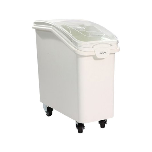 21 Gallon / 335 Cup White Slant Top Mobile Ingredient Storage Bin with Sliding Lid & Scoop TBCEXP